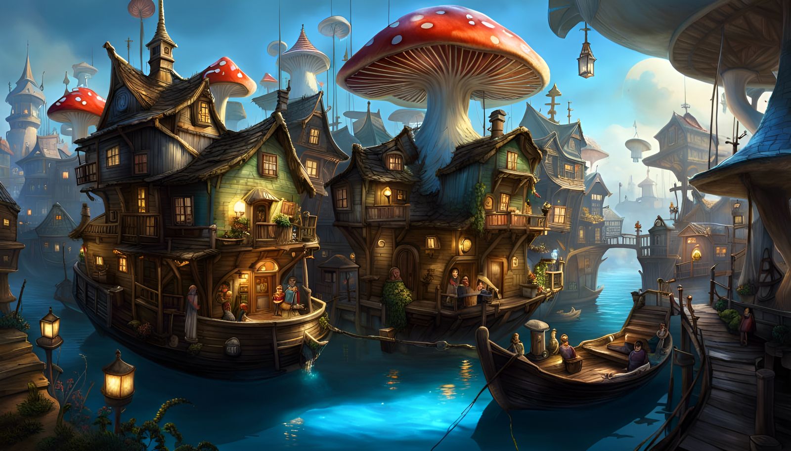 Fairytale Harbor Town with Toadstool Homes