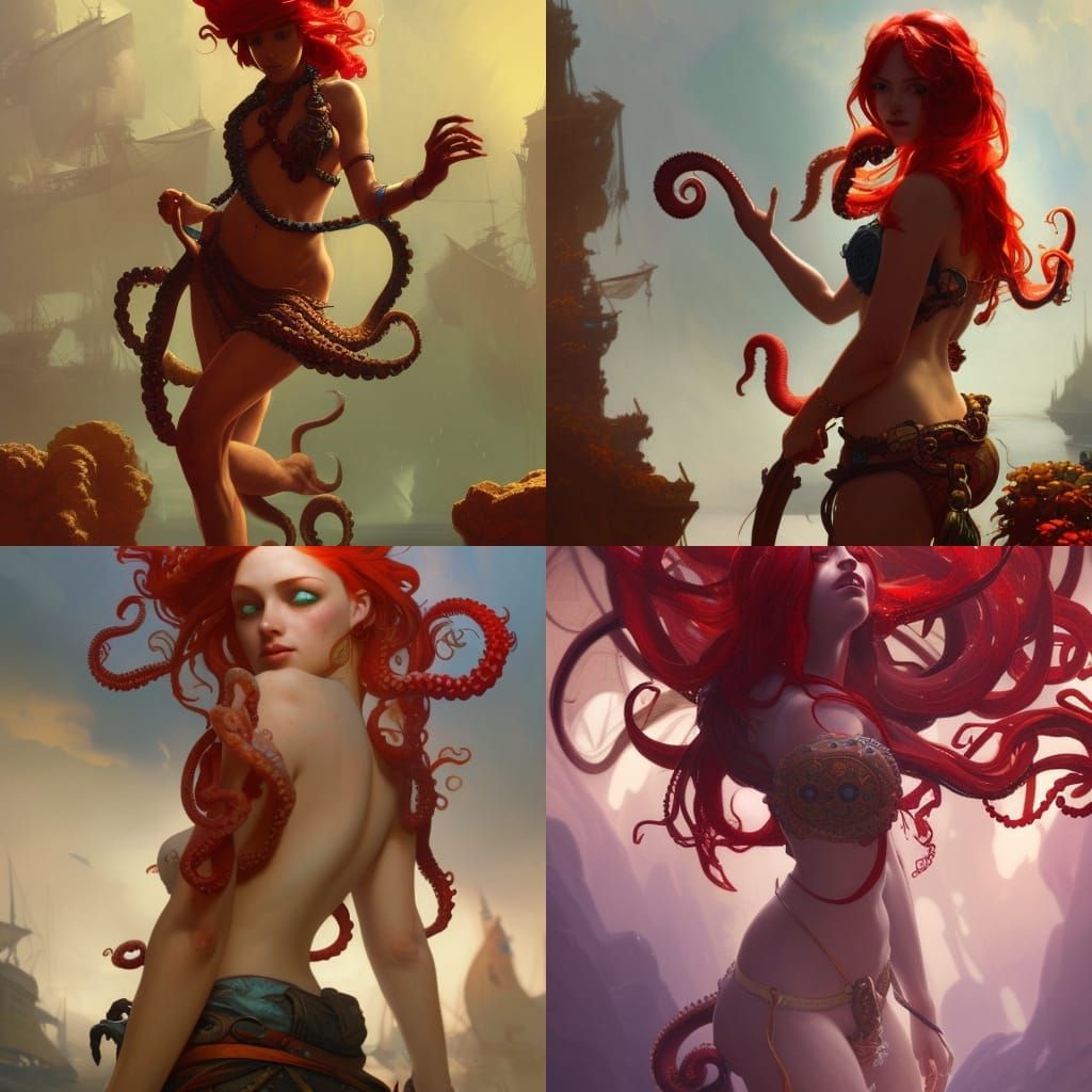 Red-Haired Octopus Girl with Pirates, Hyperdetailed Art