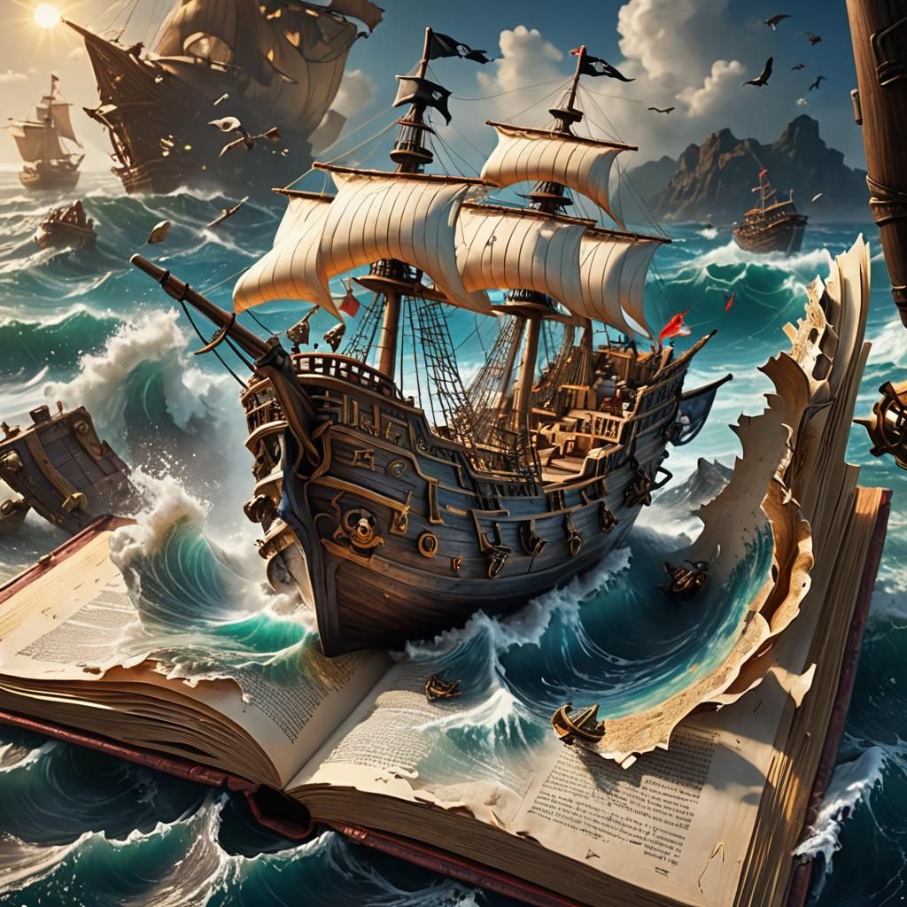 Pirate Ship Emerges from Book: 3D Fantasy Art