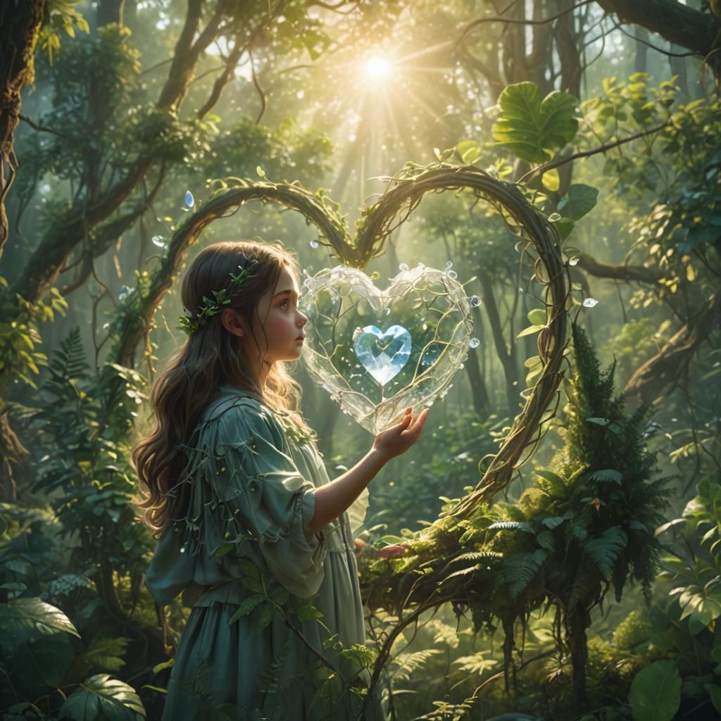 Girl with Crystal Heart in Lush Forest
