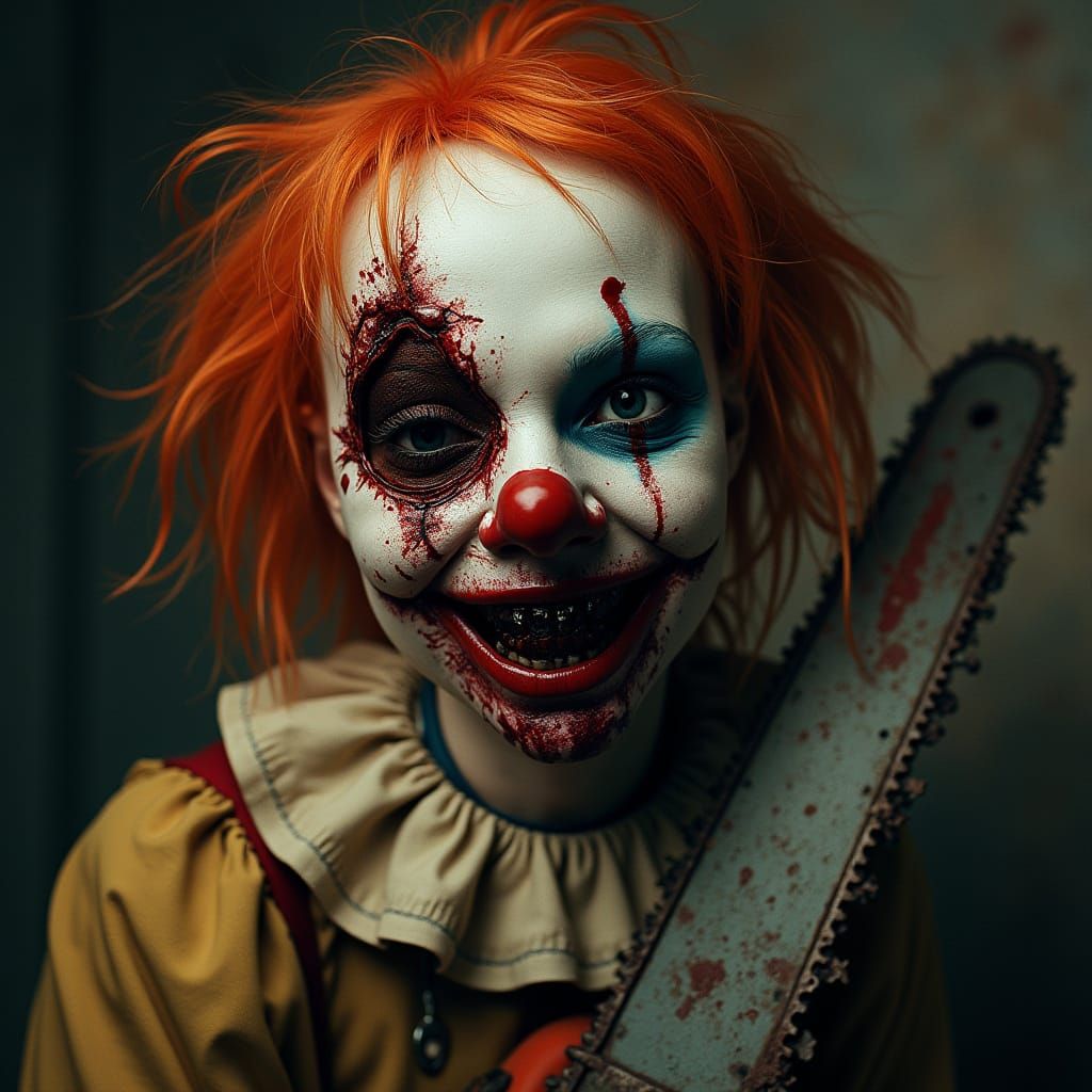 Grotesque Female Clown with Chainsaw