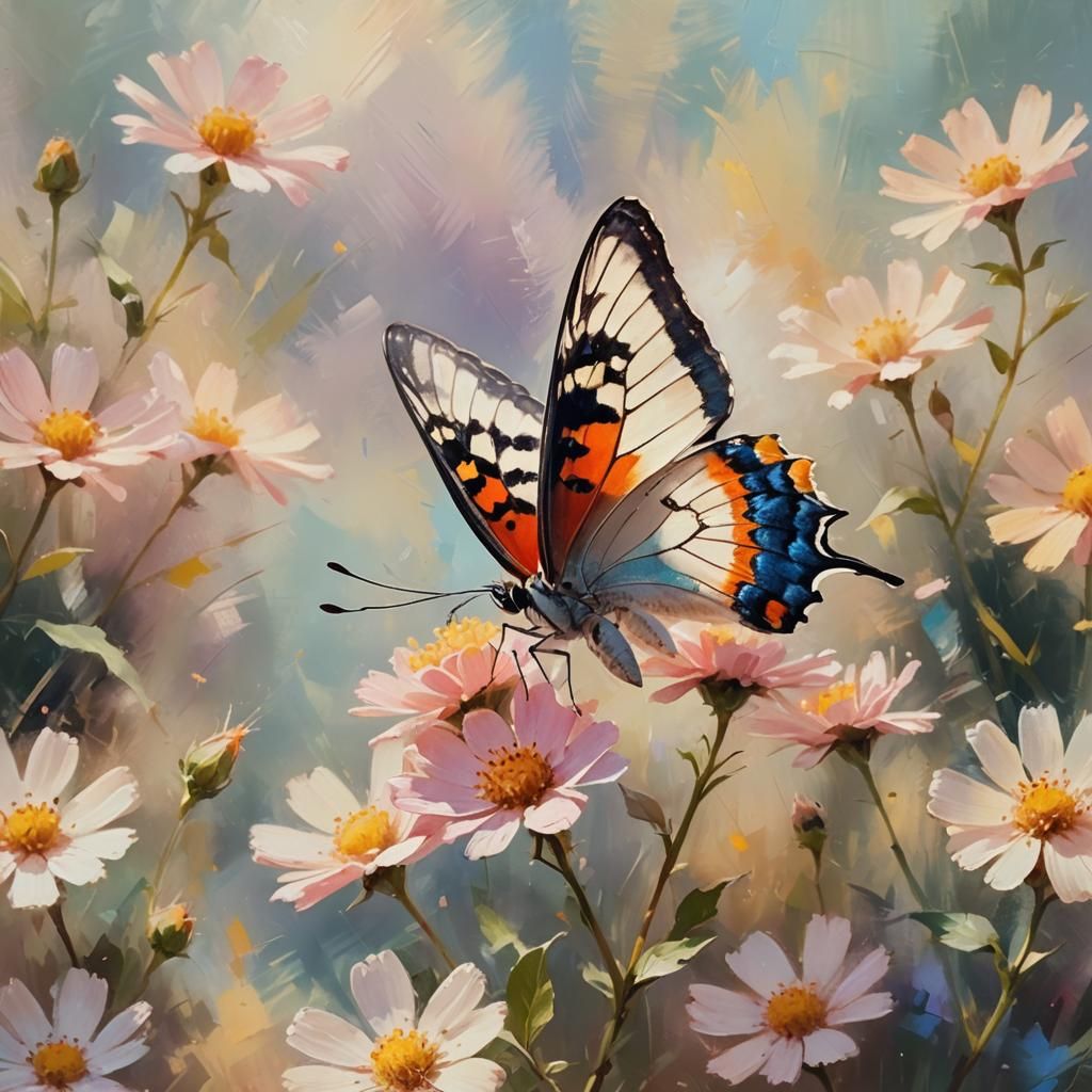 Butterfly Perched on Flower in Impressionist Style