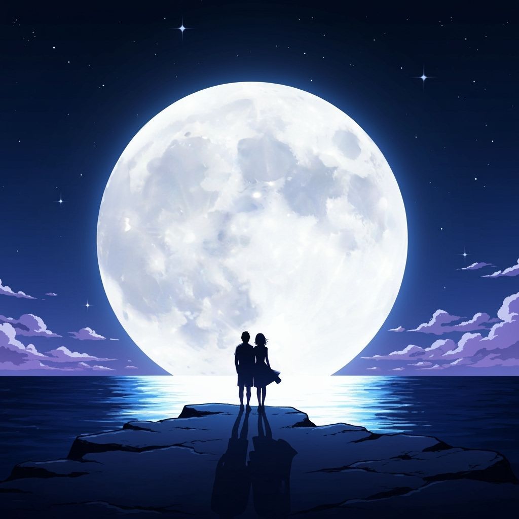 Couple Silhouetted Against Luminous Full Moon