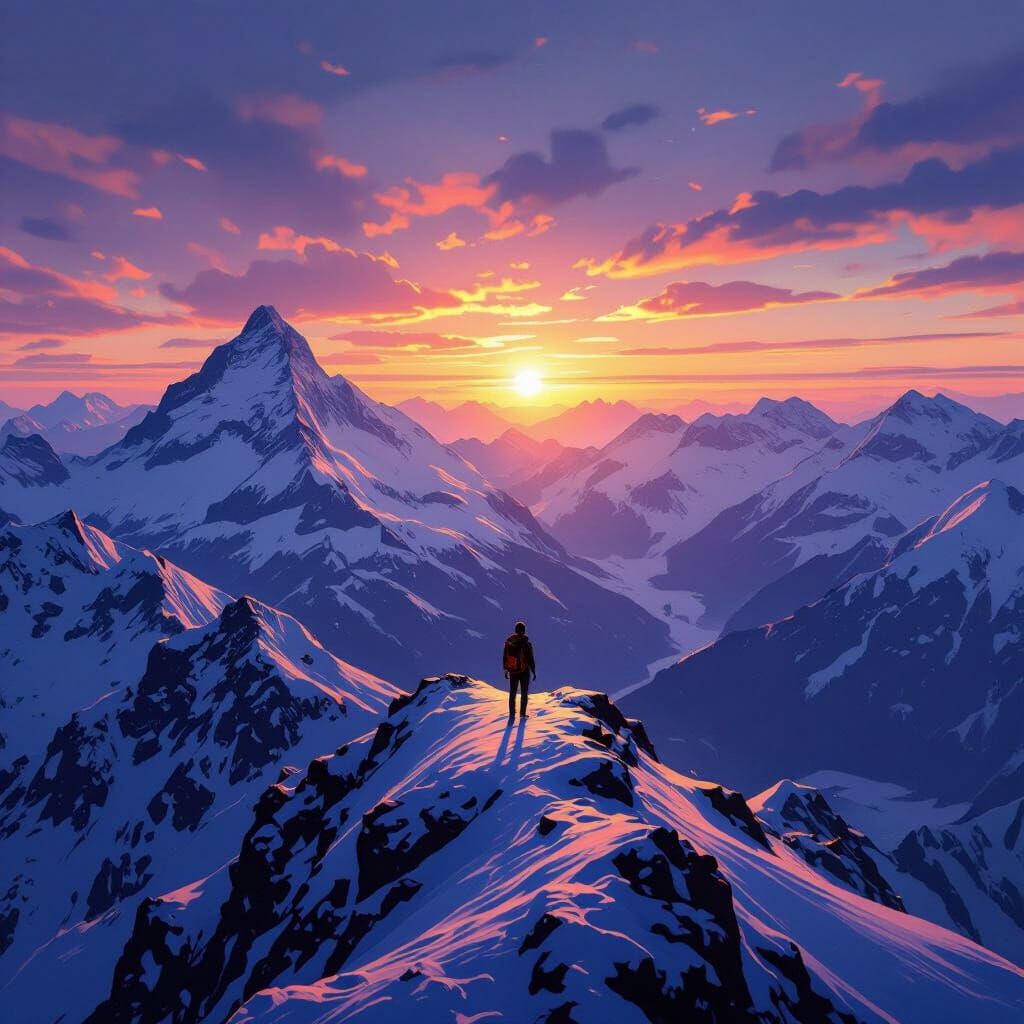 Lone Hiker Overlooks Sunset in Swiss Alps
