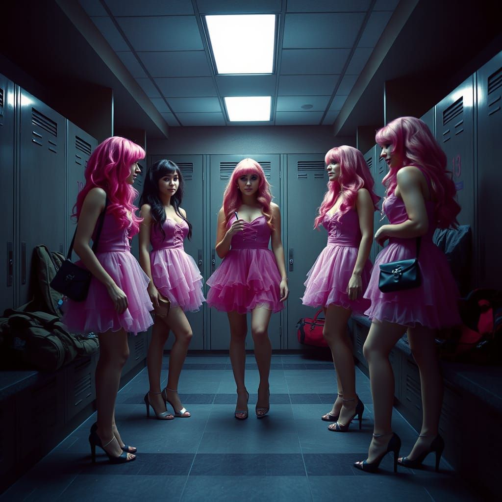 Muscular Men in Crossdressing Regalia in Locker Room