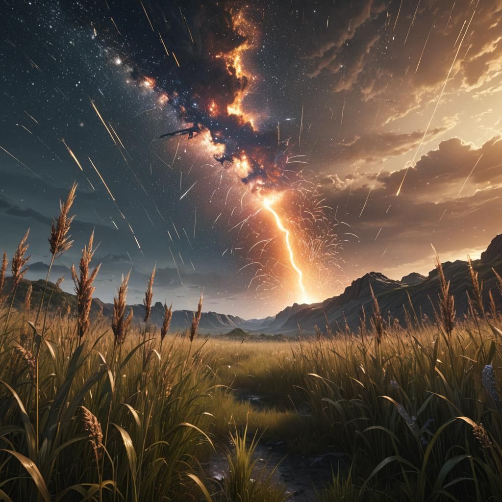 Epic Meteor Shower Over Tall Grass Field