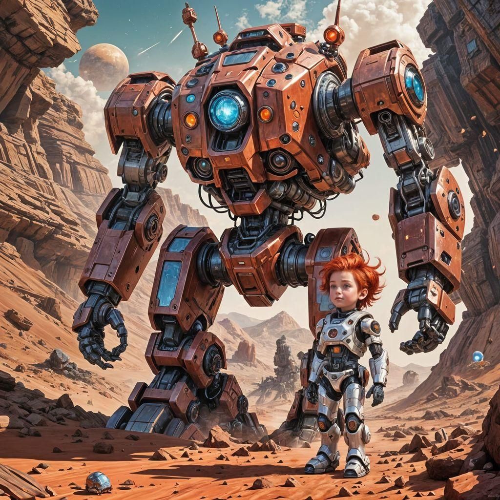 Giant Robot and Boy on Mars Adventure
