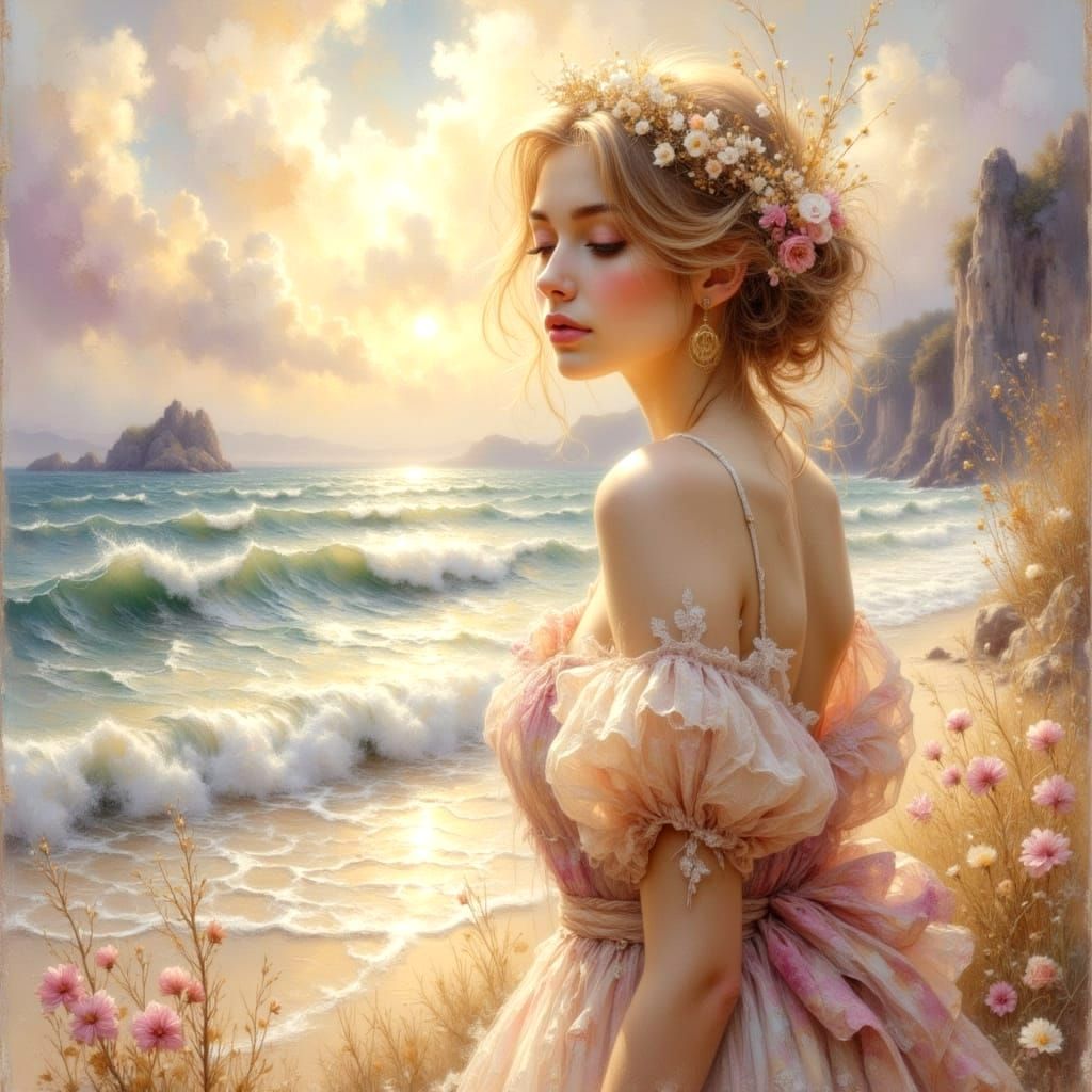 Ethereal Woman by Seaside in Monet Style