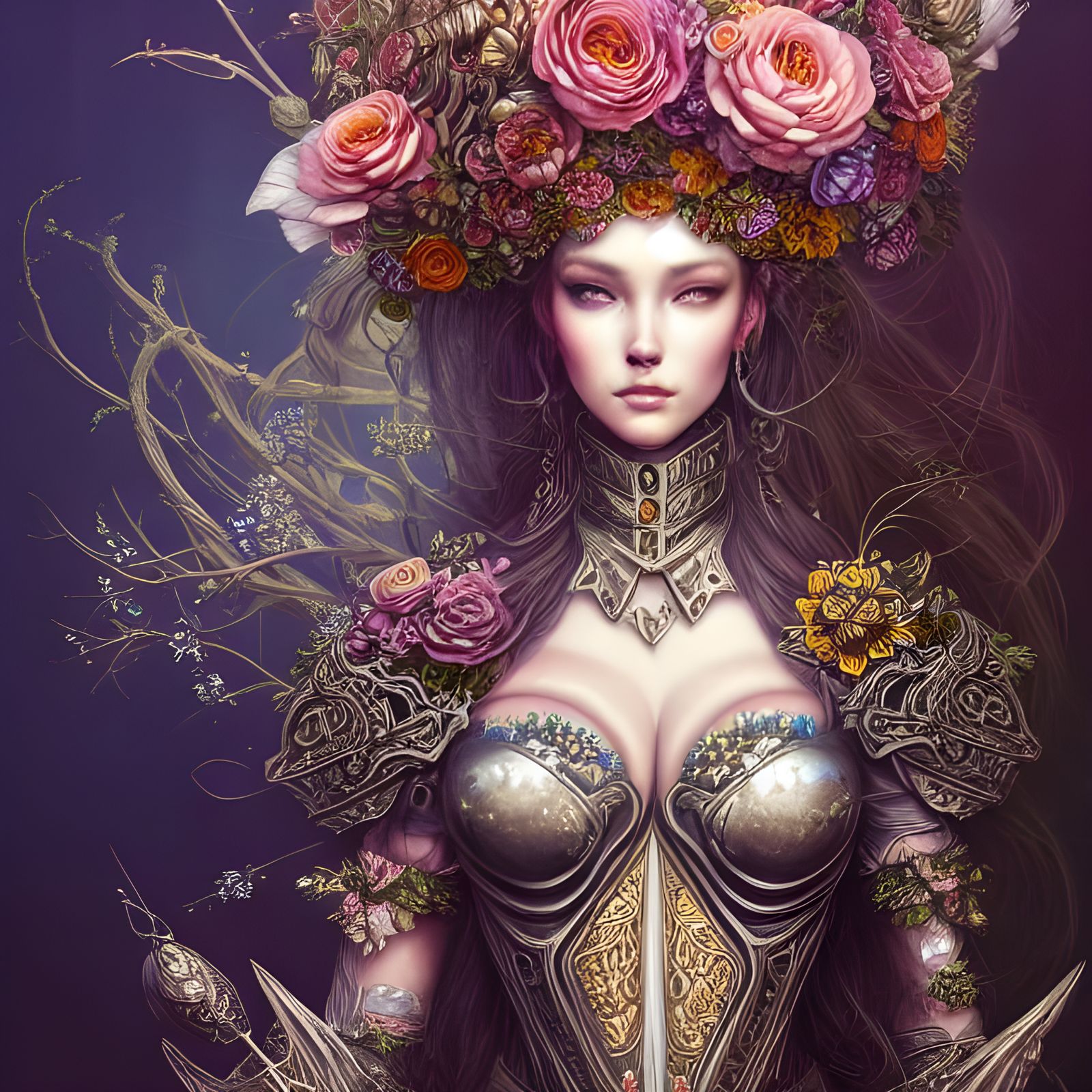 Armored Woman with Floral Headdress: Detailed Concept Art