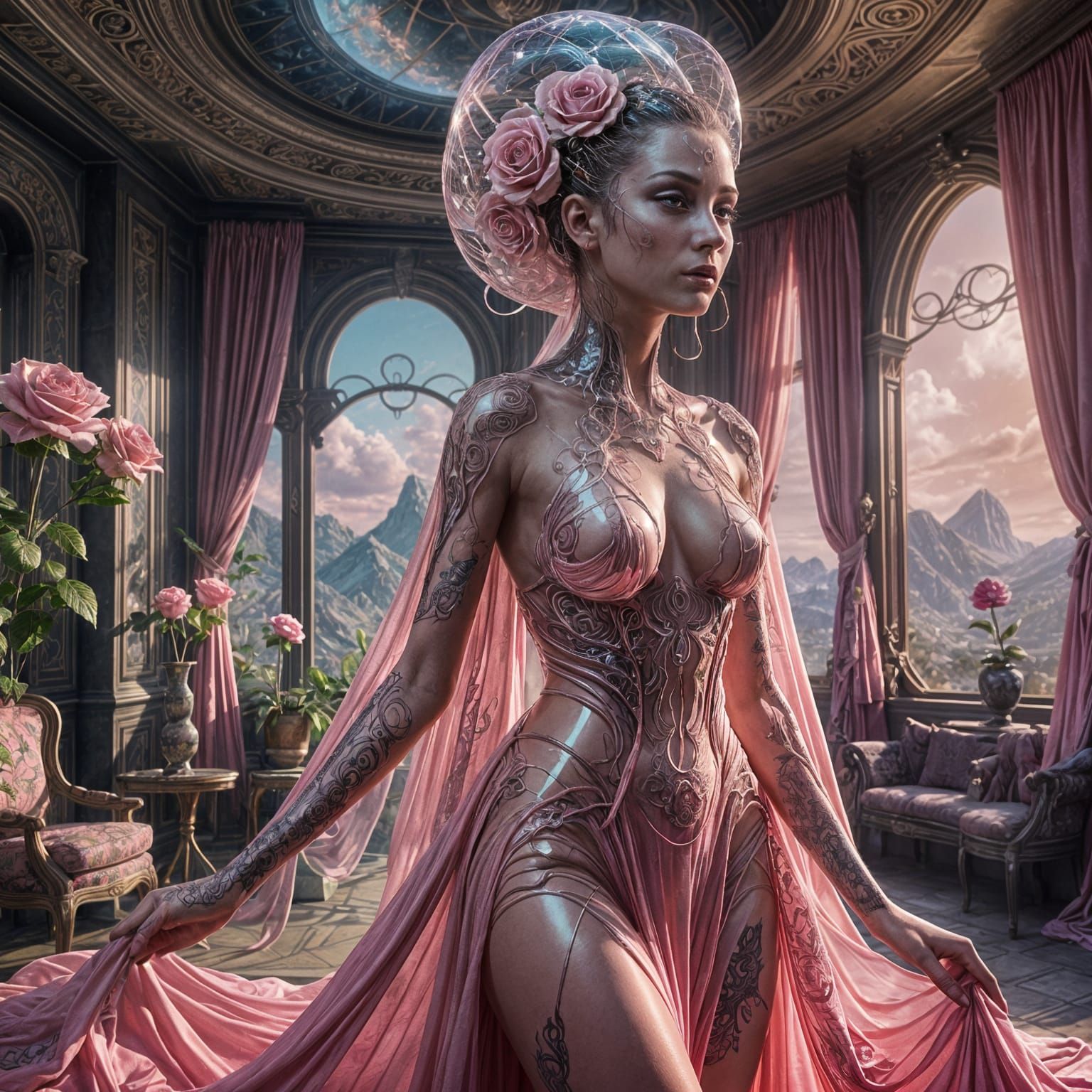 Alien Woman in Flowing Gown, Detailed Digital Art