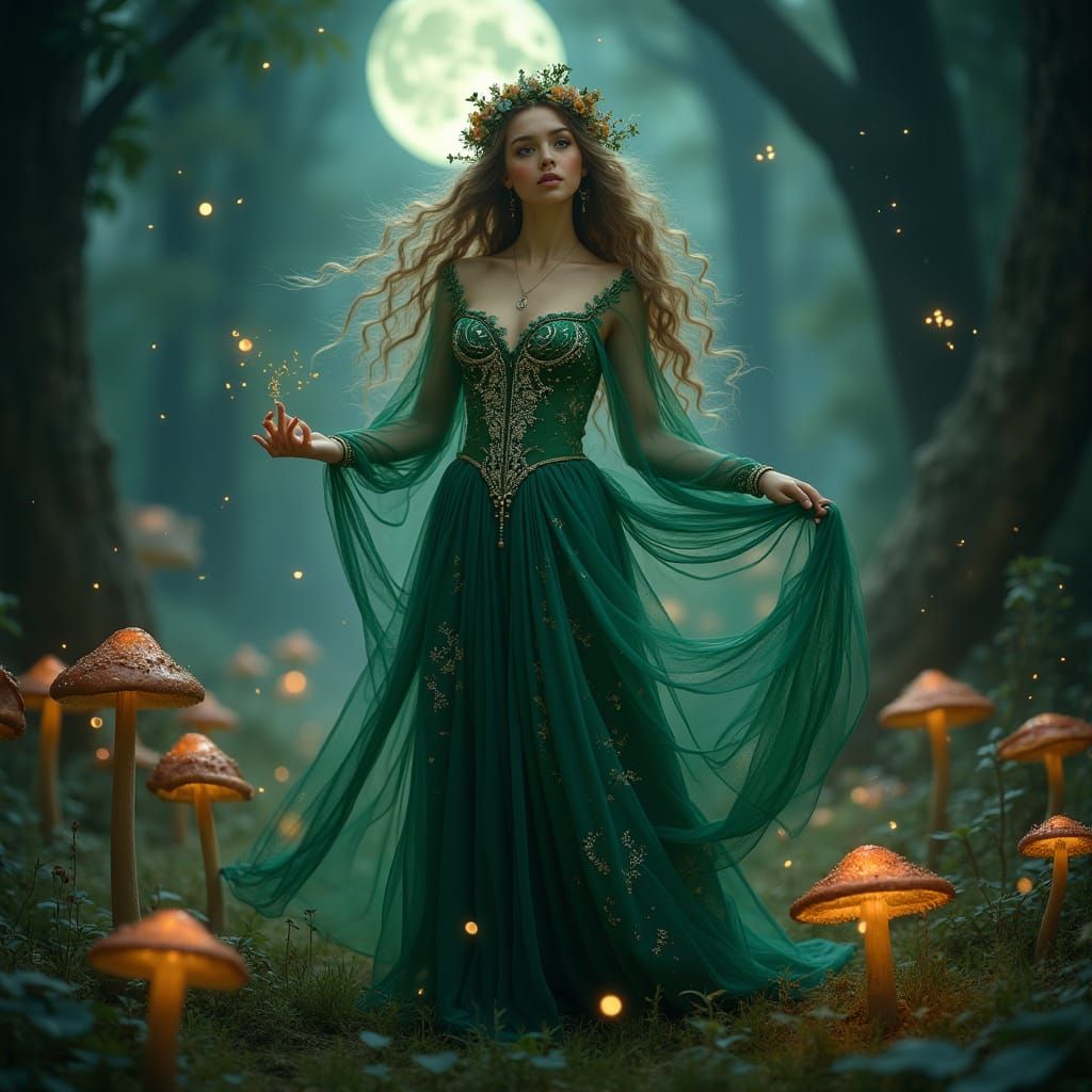 Mystical Fairy Witch in Emerald Gown