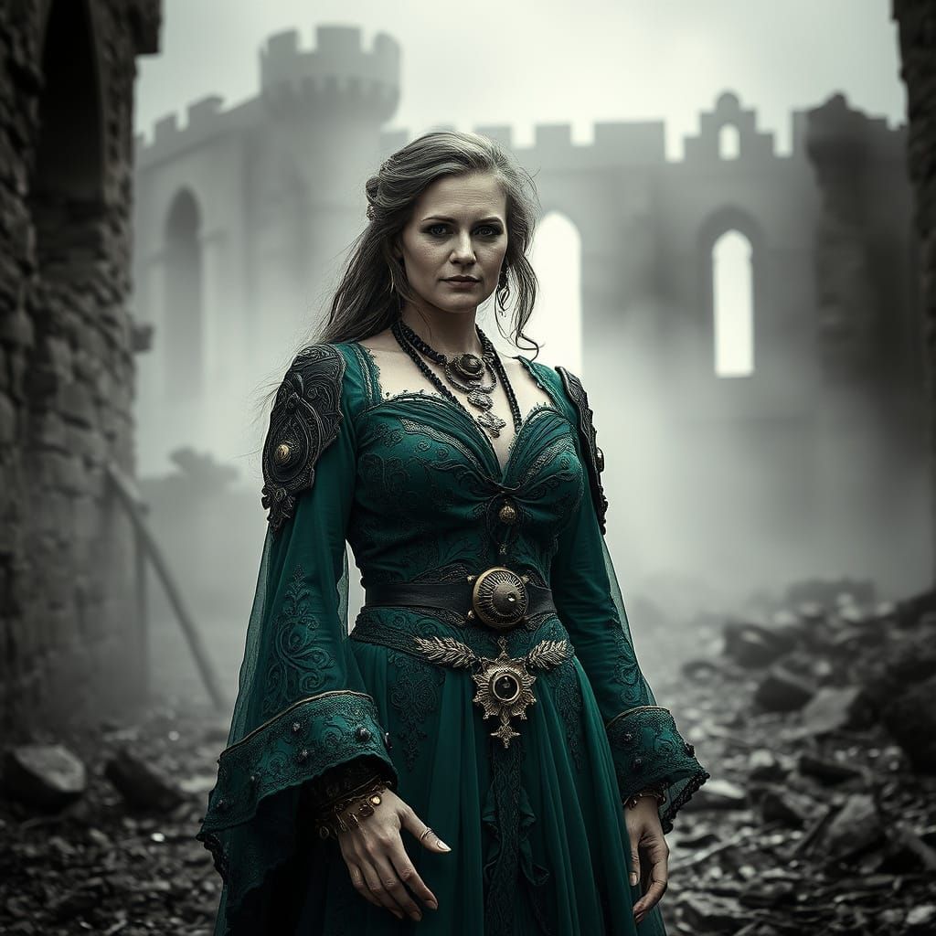 Steampunk Woman in Medieval Dress at Castle Ruins