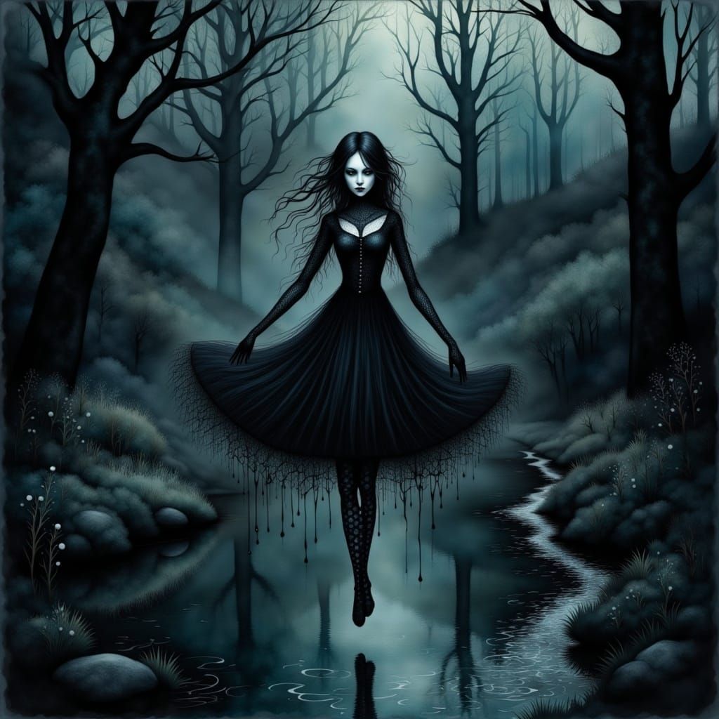 Gothic Ghost Girl Levitating in Surreal Scene