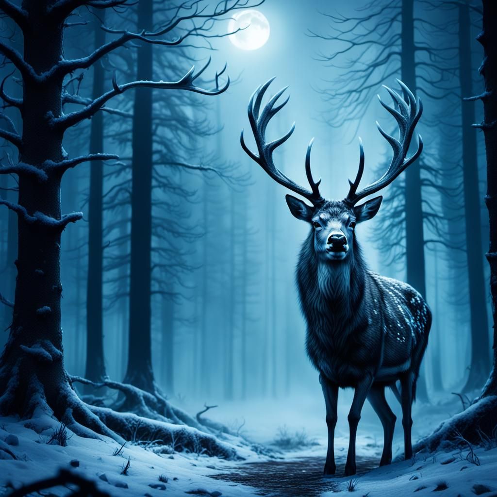 Majestic Zombie Deer in Dark Winter Forest