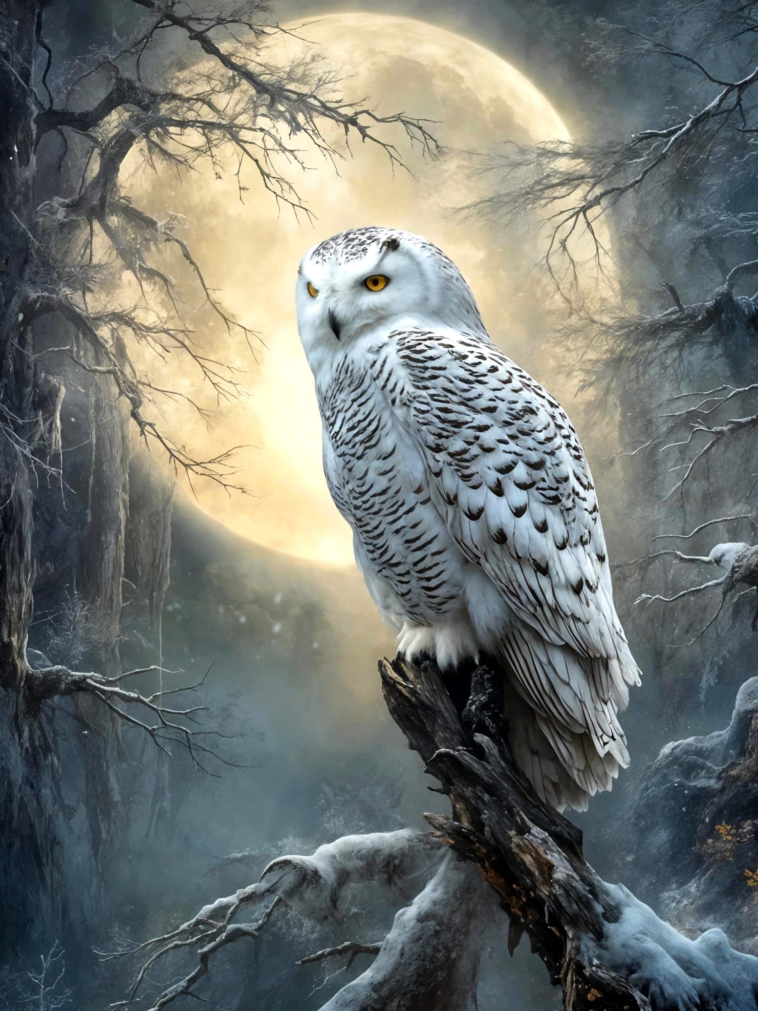 Snowy Owl in the Full Moon Light