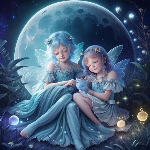 Fairies Sleeping on Bioluminescent Moon in Galaxy