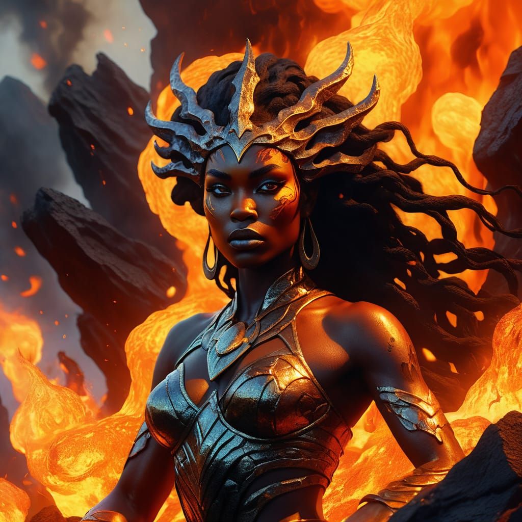Ebony Fire Goddess Radiates Inner Light in Cinematic Fantasy...