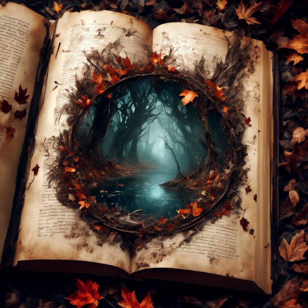 Open Fairy Tale Book in Shadowy Woods as Watercolor