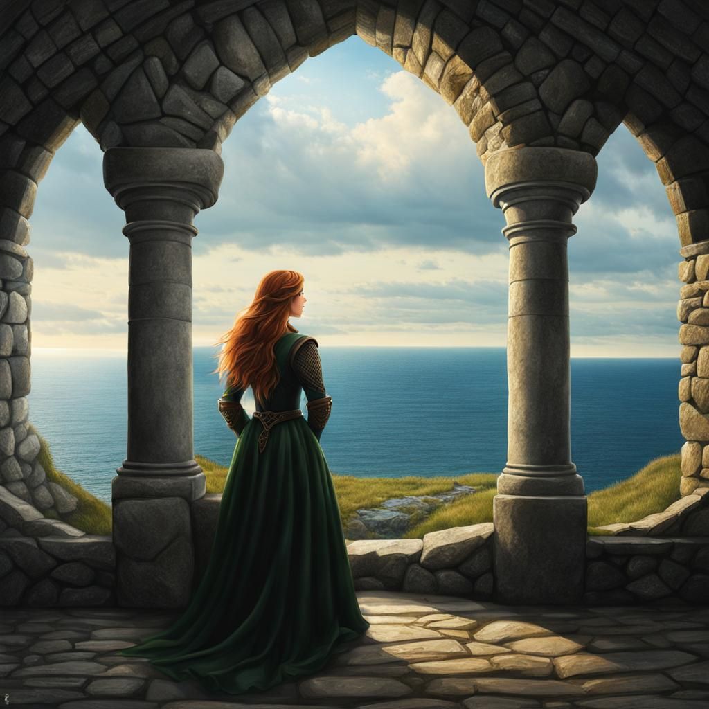 Girl in Tower by Sea in Celtic Style
