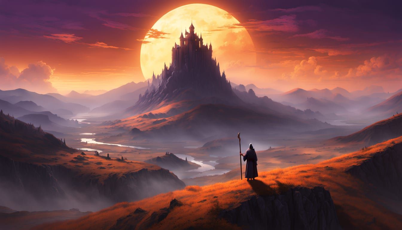 Lone Figure Overlooks Valley at Sunset, Digital Painting