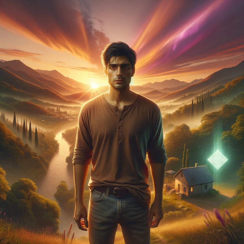 Young Man Contemplates Life's Puzzle on Serene Hilltop