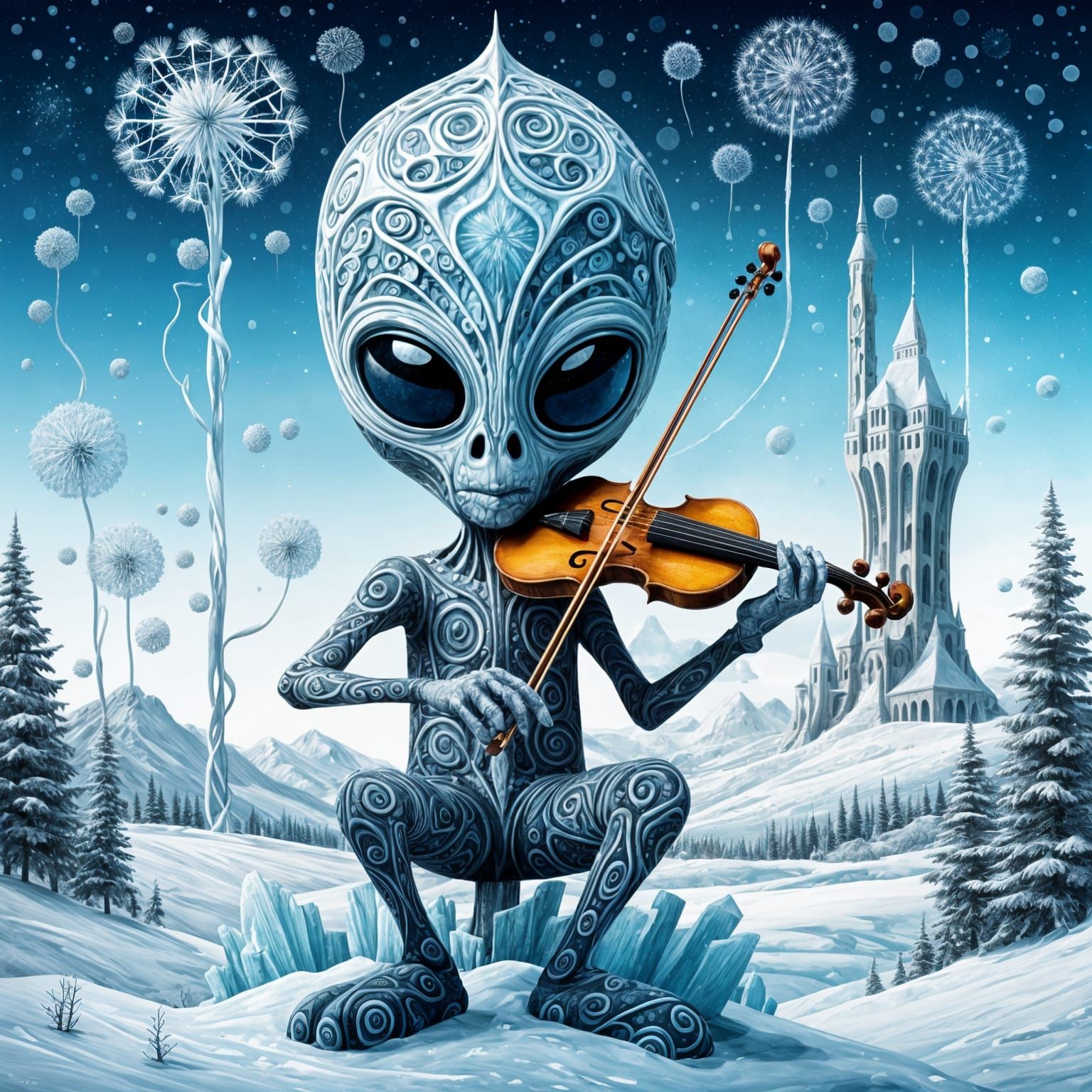 Alien Fiddler in Frozen Dreamscape, Cubist Style