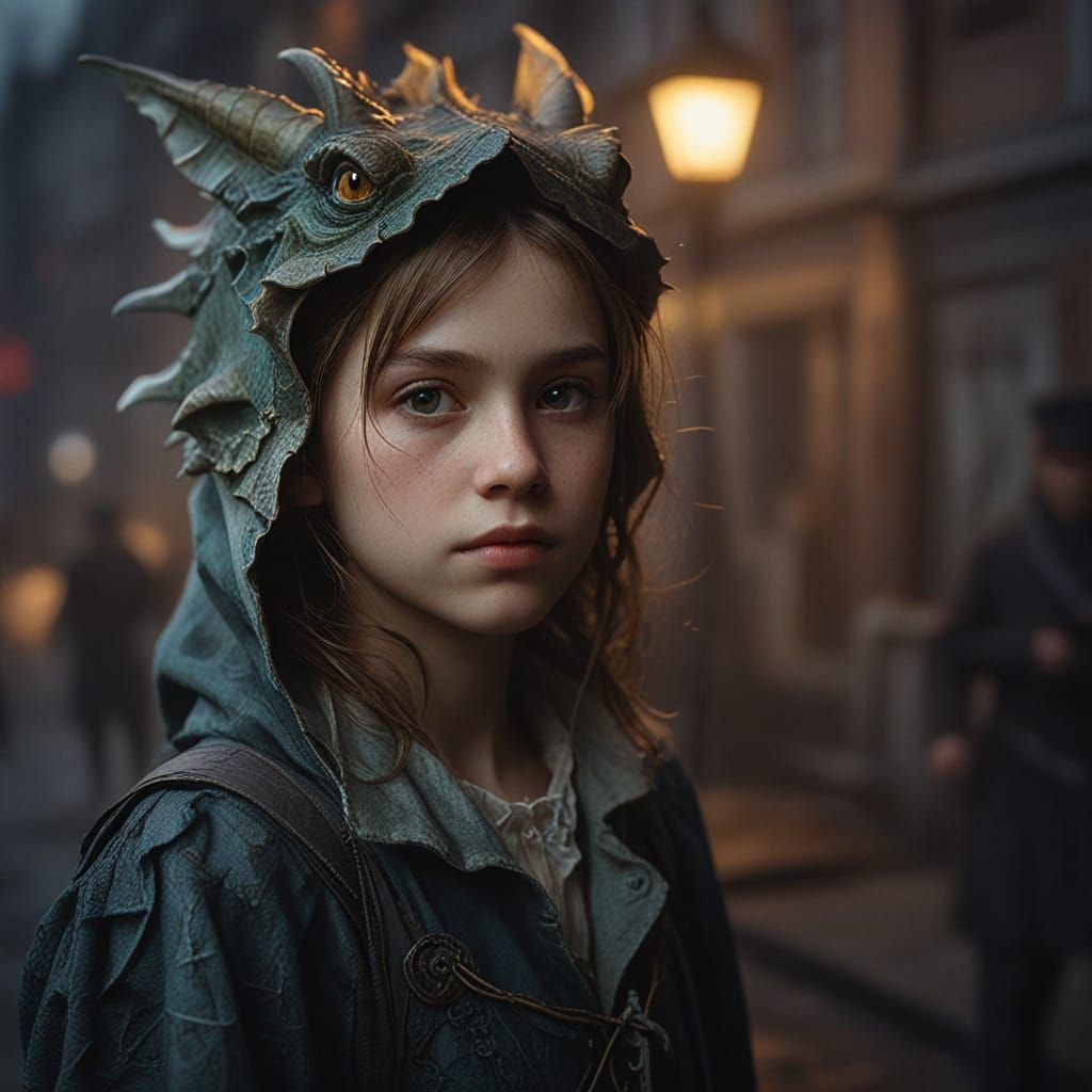 Impressionist Portrait of a Young Girl in Dragon Costume Ami...