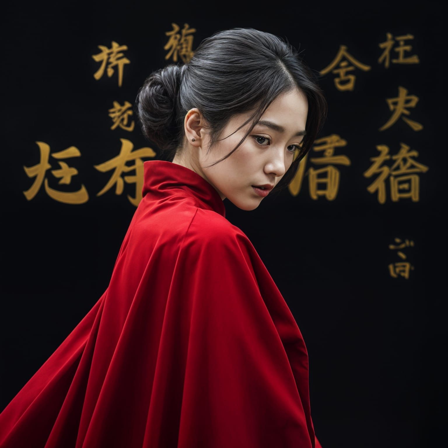 Korean Woman in Red Cape with Golden Korean Letters