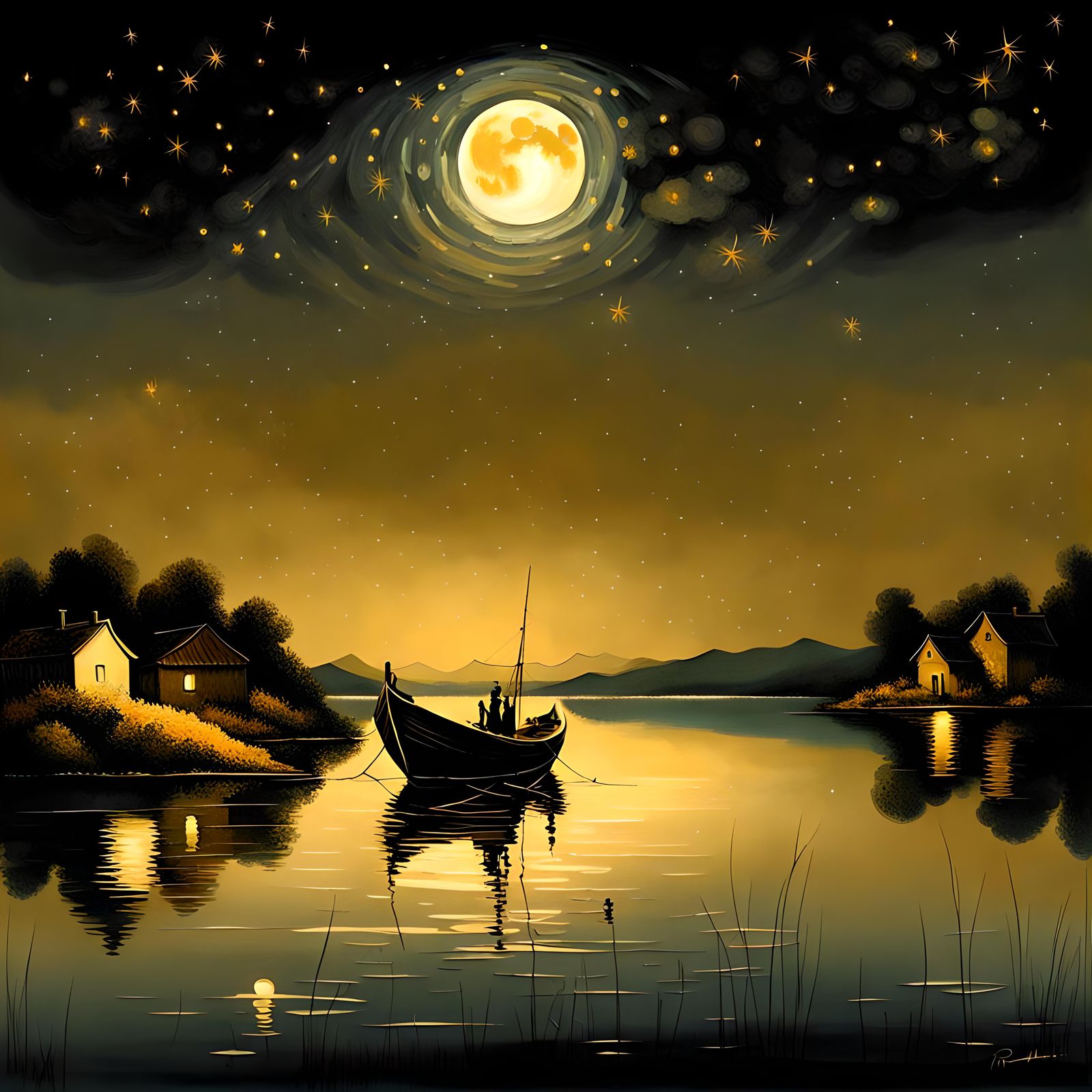 Moonlit Lake Fishing Boat, Rembrandt-Style Abstract Art