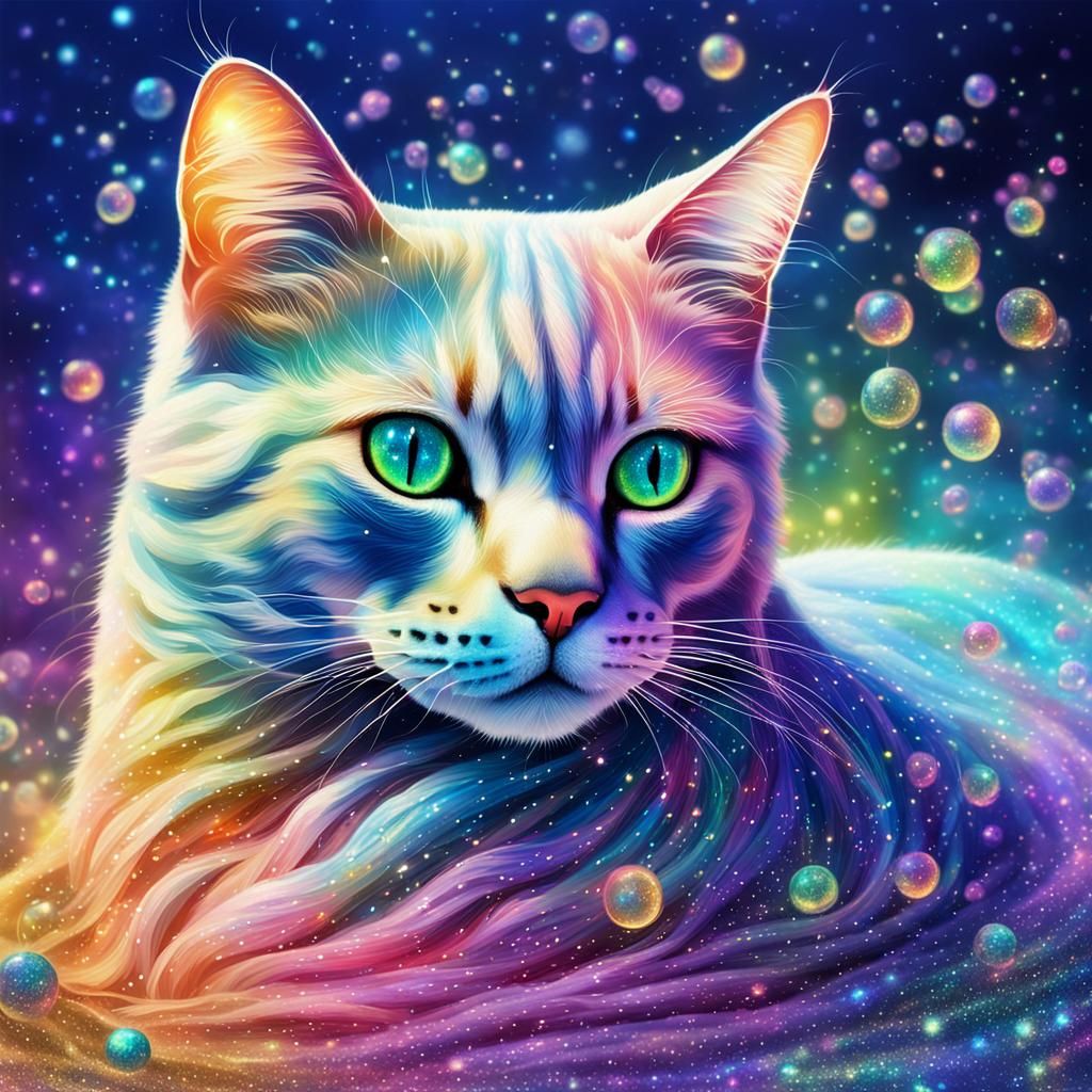 Rainbow Glitter Cat Odalisque in Ethereal Fantasy Art