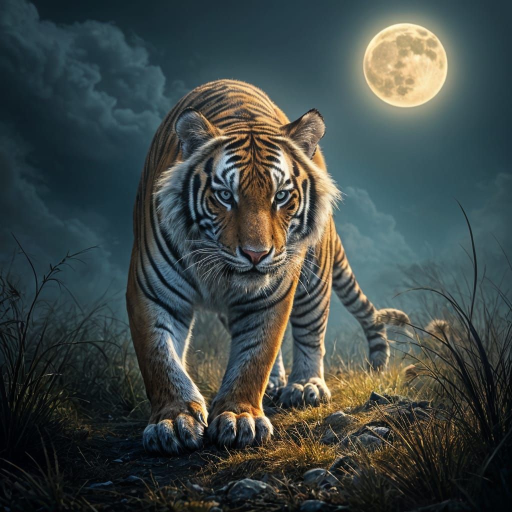 Moonlit Guardian Tiger in Mystical Silver Stripes
