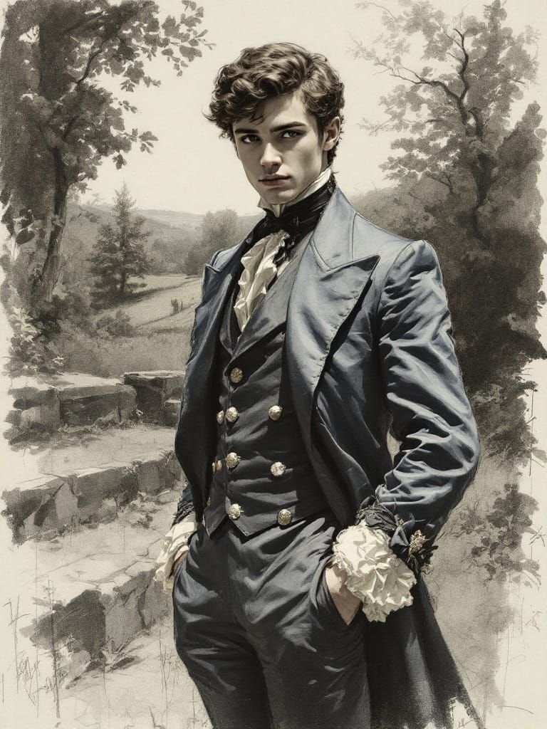 Charcoal Nobleman in Elegant Blue Satin Amidst Ancient Trees