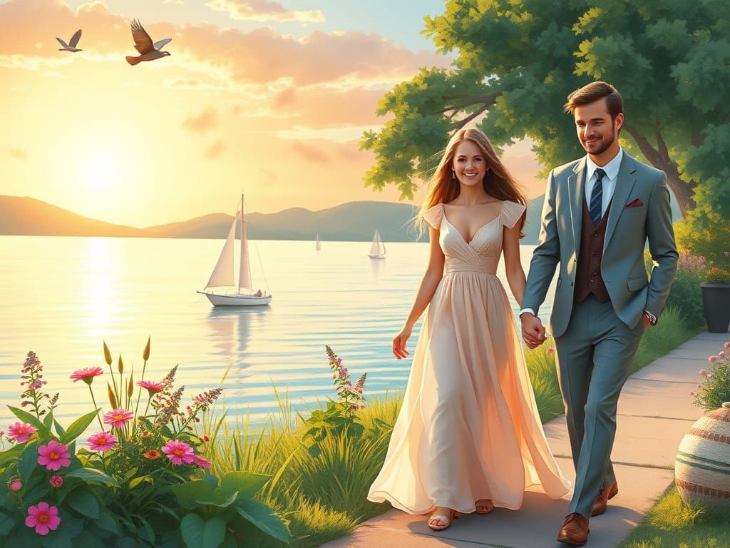 Romantic Whimsy: Gentle Couple Strolls by Serene Lake
