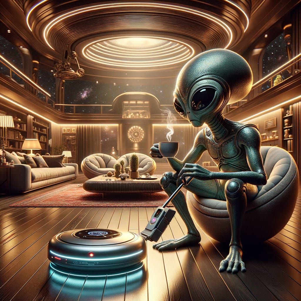 Alien Coffee Break: Sci-Fi Robotic Cleaning Scene