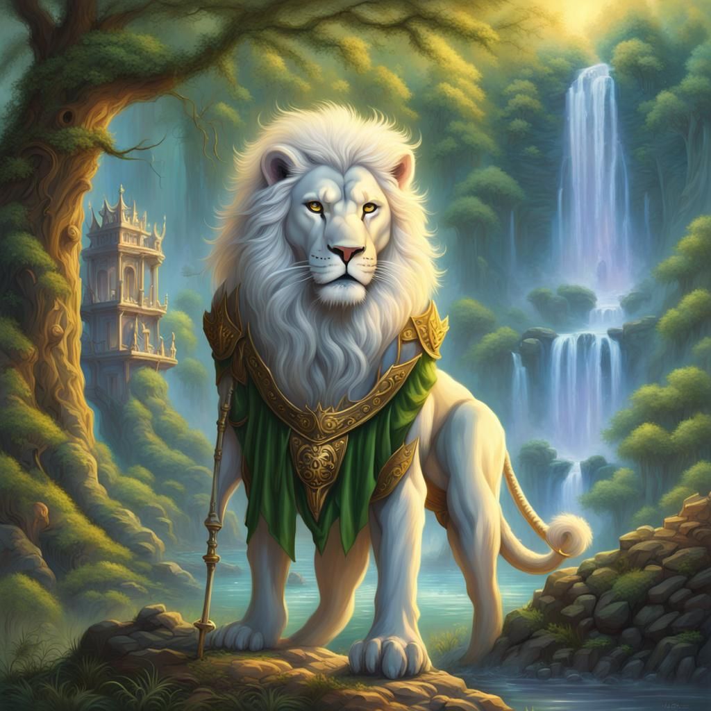 Lion Warrior King in Ethereal Fantasy Landscape