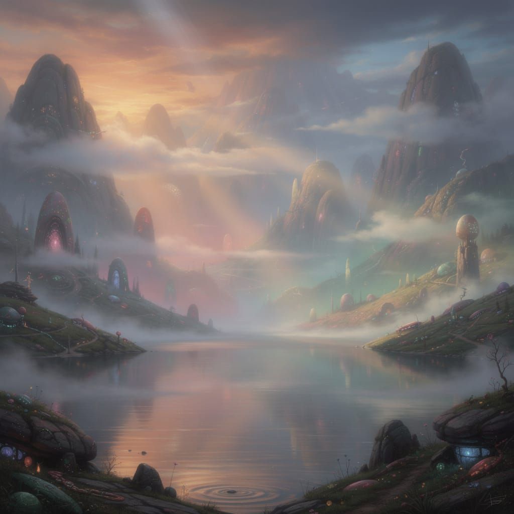 Surreal Fantasy Valley with Drifting Haze and Glowing Clouds