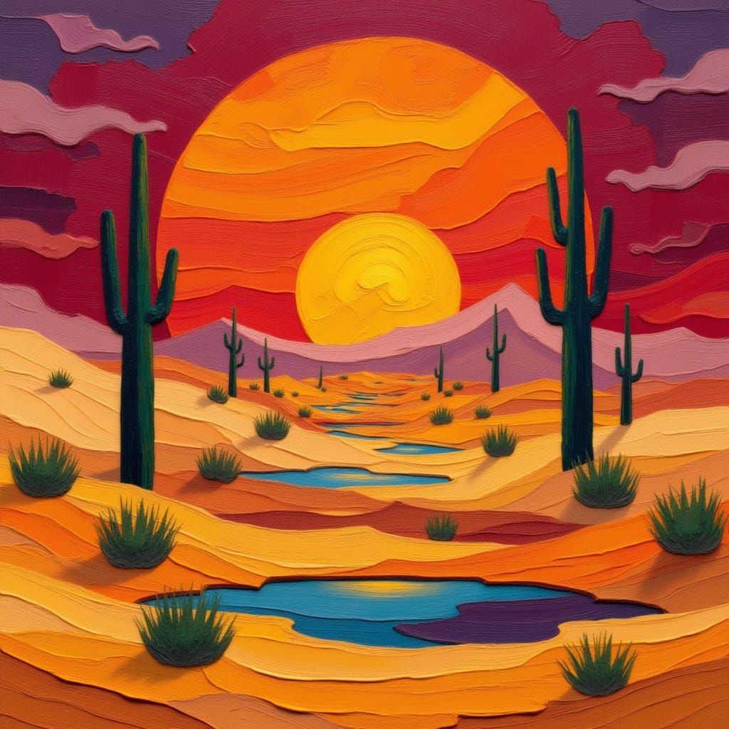 Surreal Desert Oasis Painting in Thick Knife- Applied Impast...