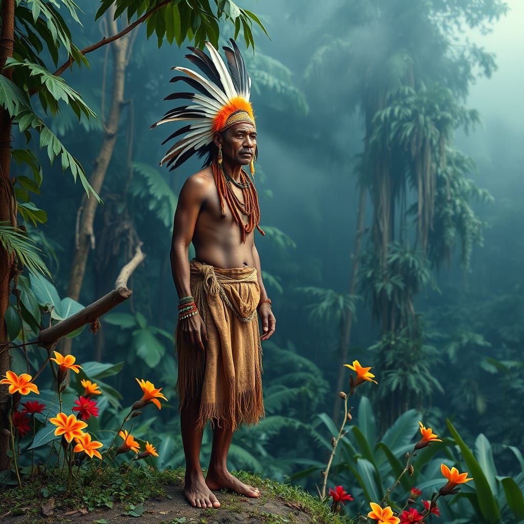 Indigenous Amazonian Warrior in Lush Rainforest