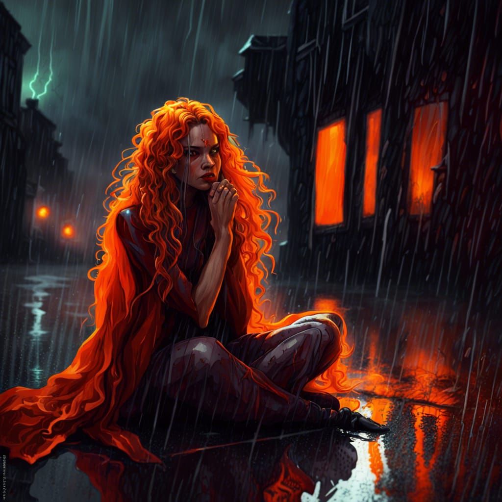 Crying Vampire Girl in Rainy Fantasy Art