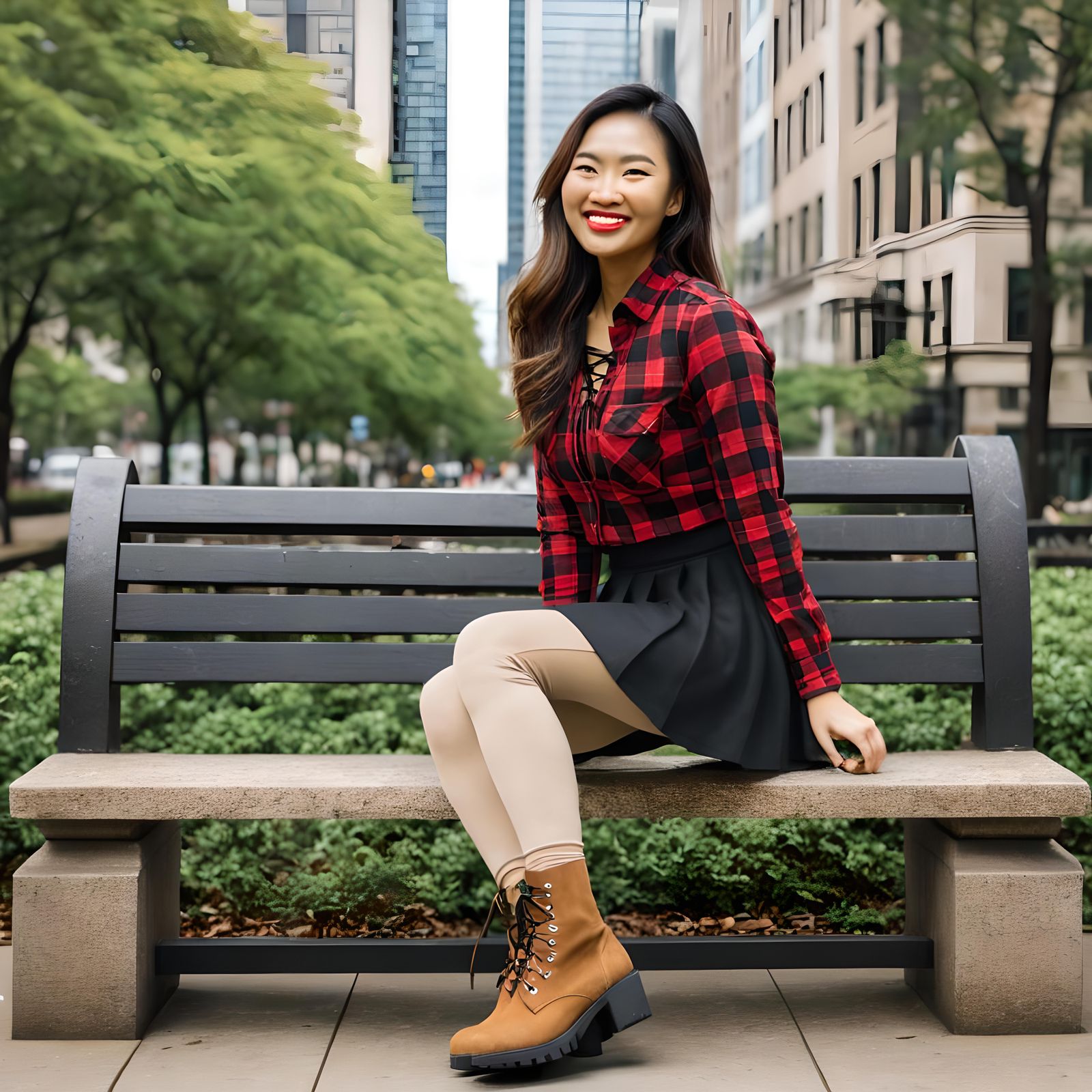 Smiling Woman on Bench in Urban Setting