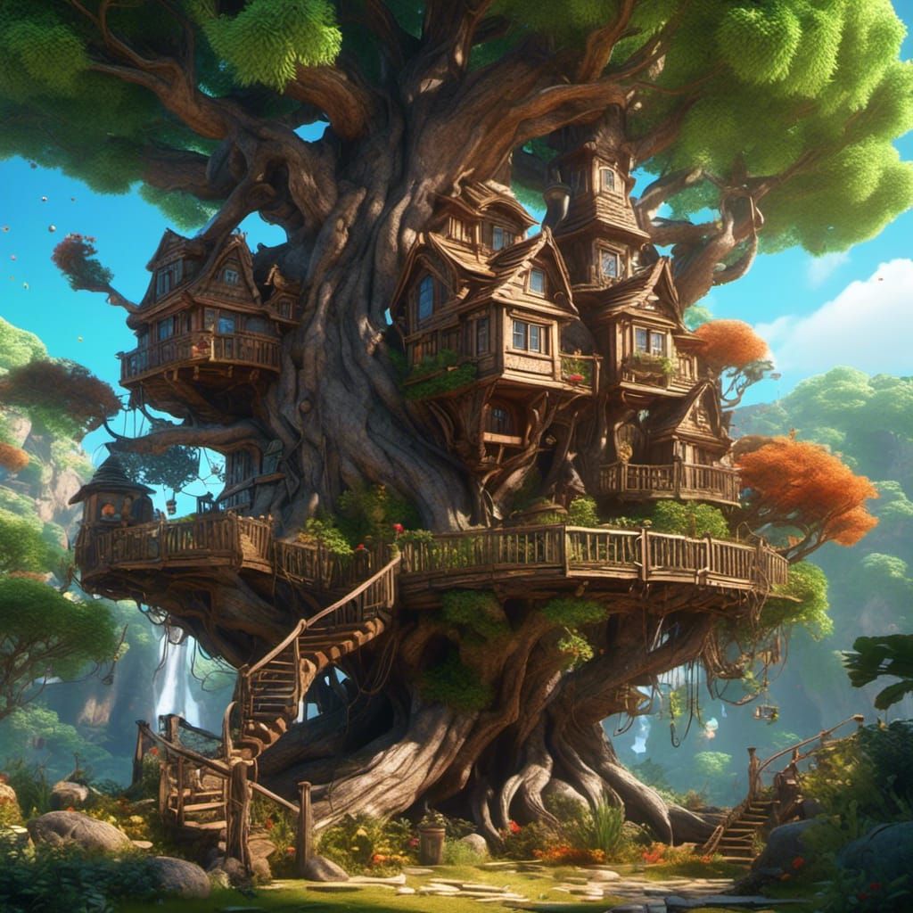 Hyperdetailed Treehouse in Space: Anime Style 3D Art