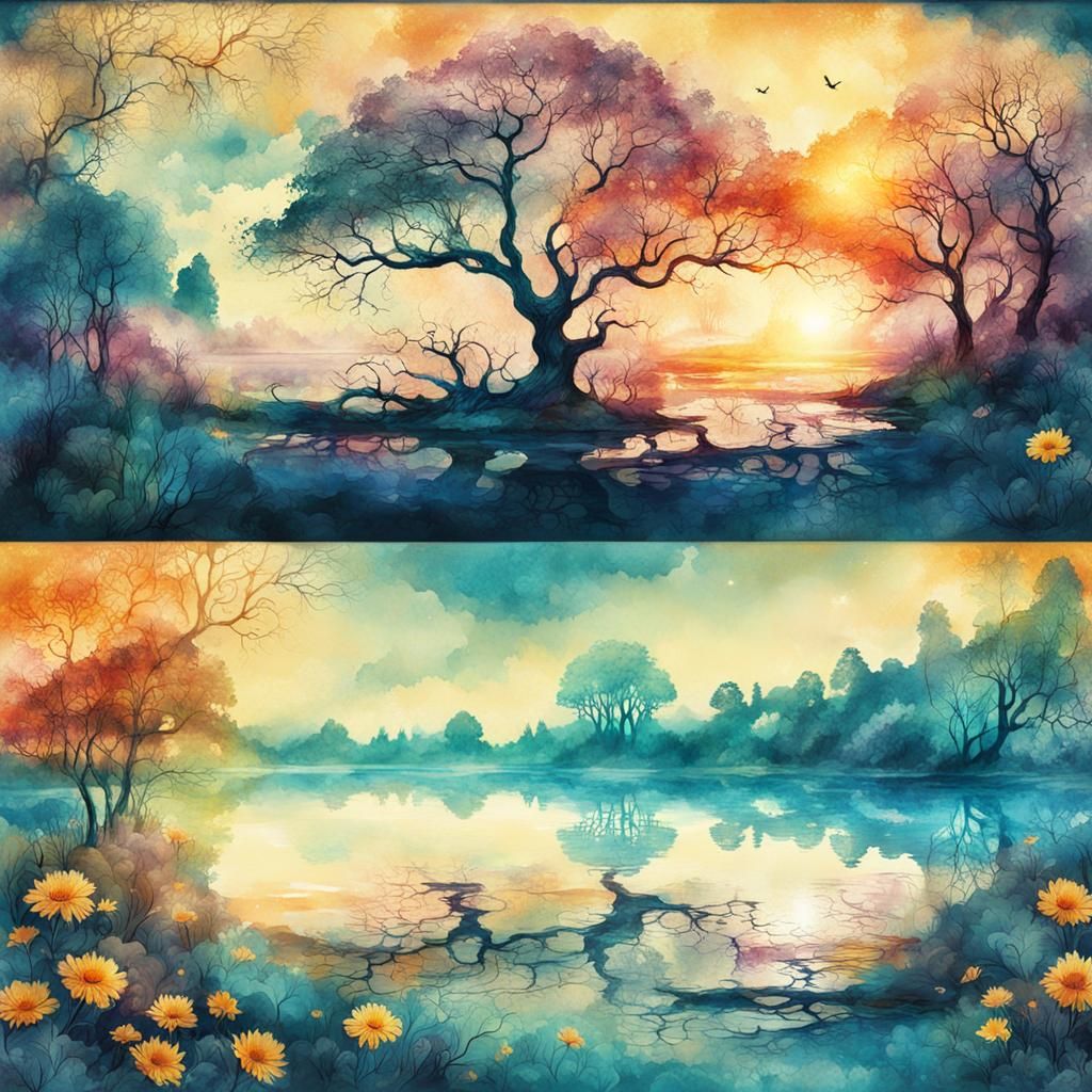 Surreal Double Exposure Fantasy Landscape Ink Art
