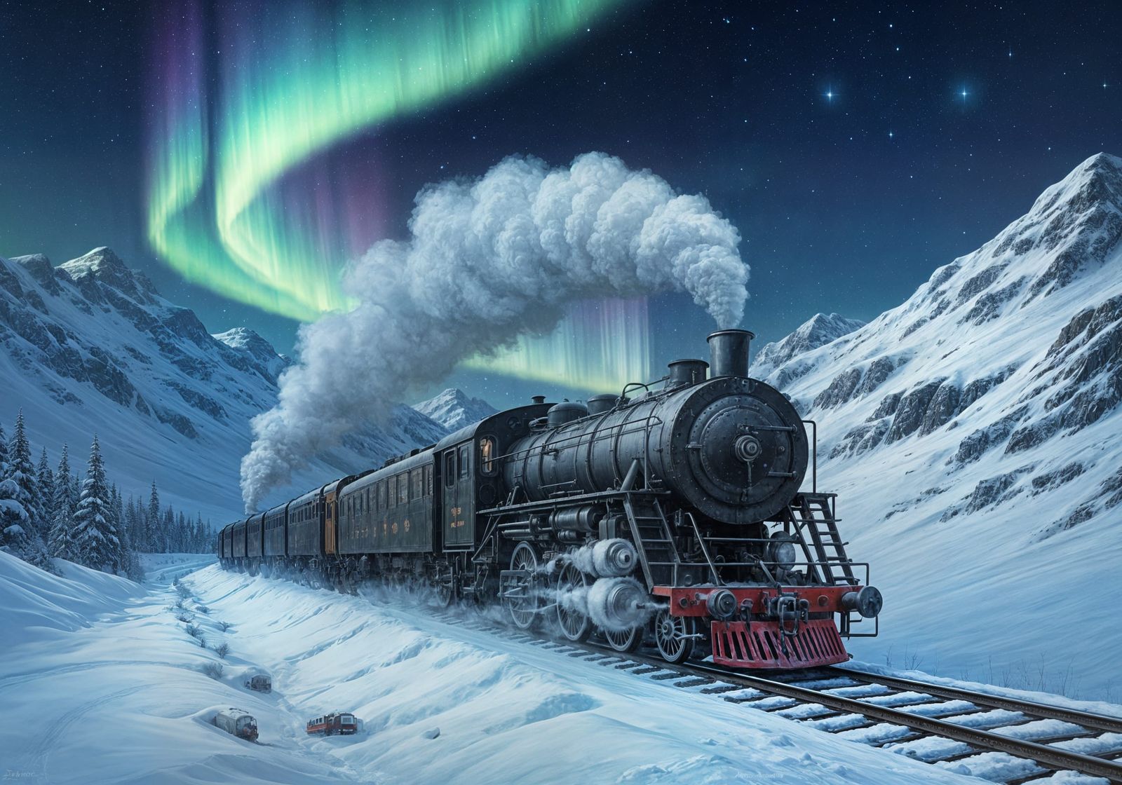 Aurora Express Steam Train in Snowy Mountains