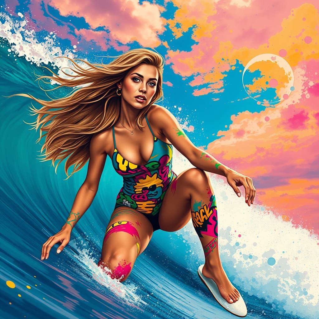 Woman Rides Wave in Graffiti Wetsuit, Digital Art