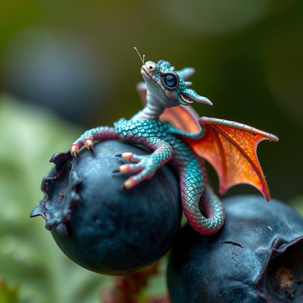 Iridescent Dragon Embraces Blueberry: A Fusion of Fantasy