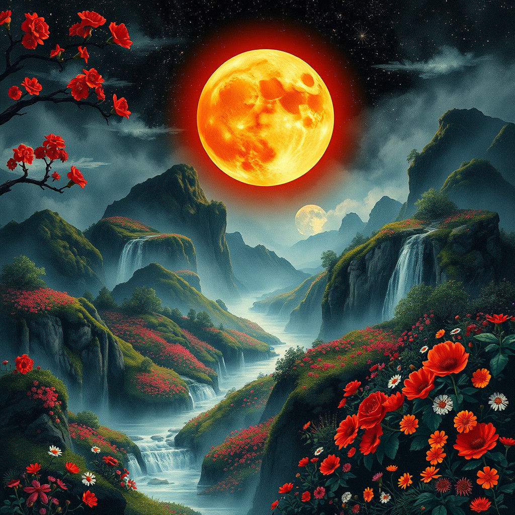 Lush Summerscape with a Glowing Moon in Watercolor Style