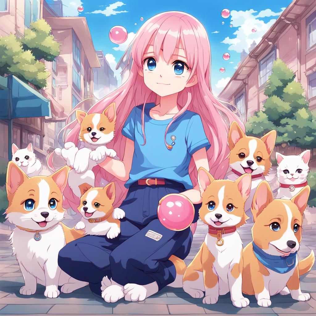 Anime Girl With Puppy Surrounded by Bubbles