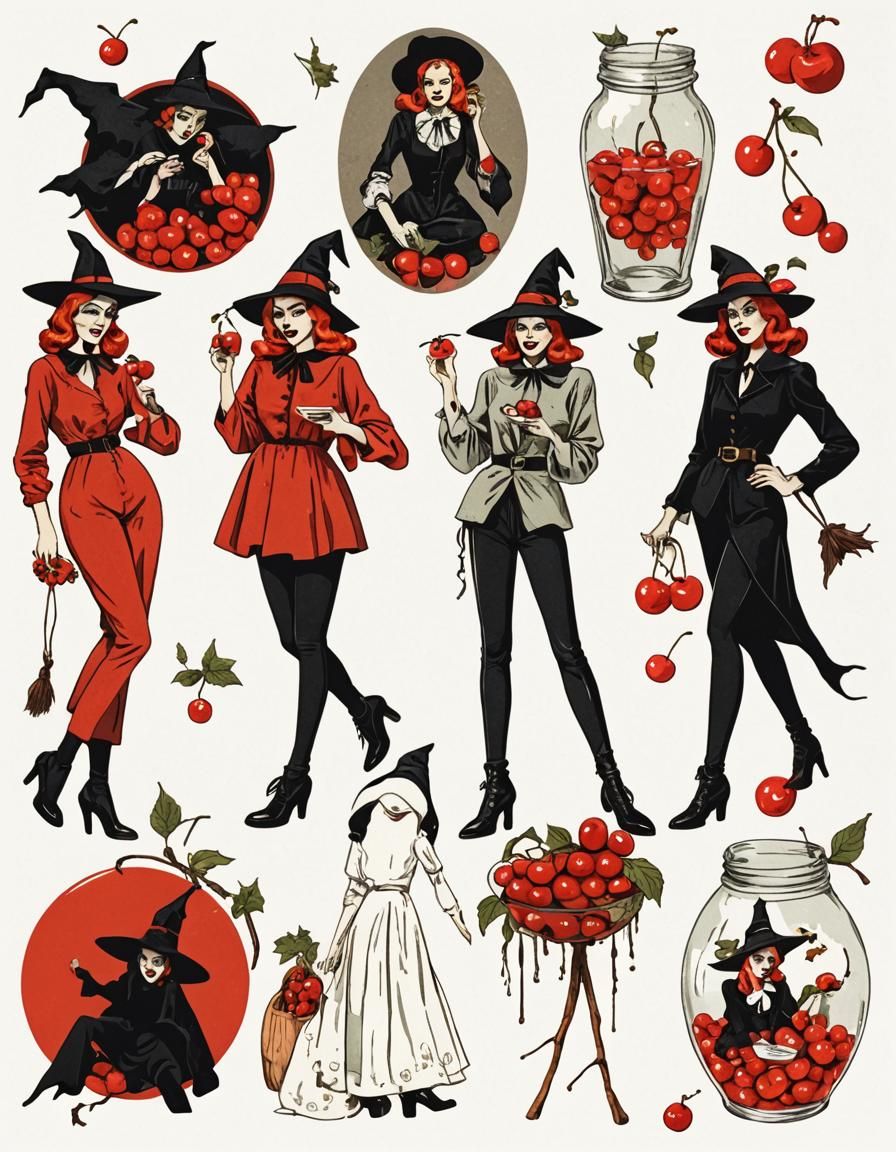 Retro Illustration: Girls in Witchy Clothes Eating Cherries