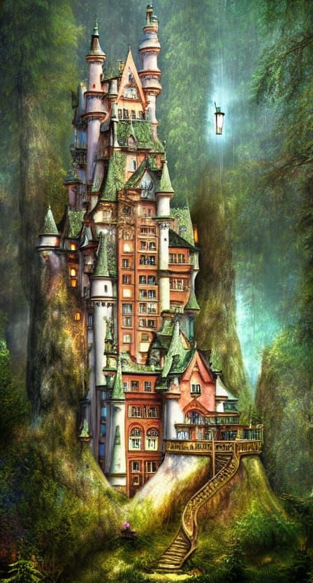 Magical Fairytale Castle Treehouse in Surreal Gothic Style