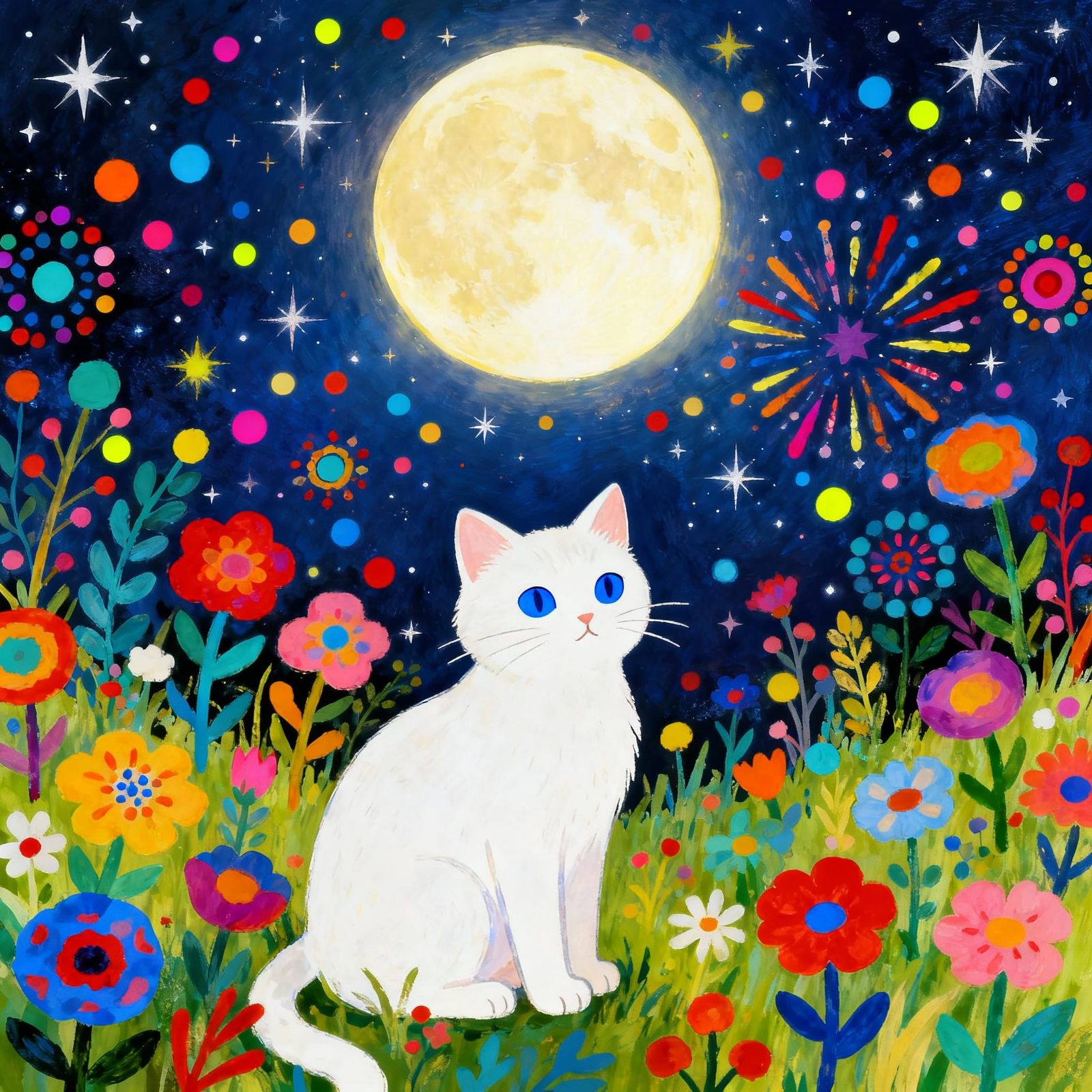Cute Cat in Colorful Meadow Under Glowing Moon